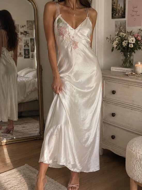 Eaton Dresses & Skirts - Vintage Eaton Satin Slip Dress Floral Appliqué Coquette Fairy Y2K M